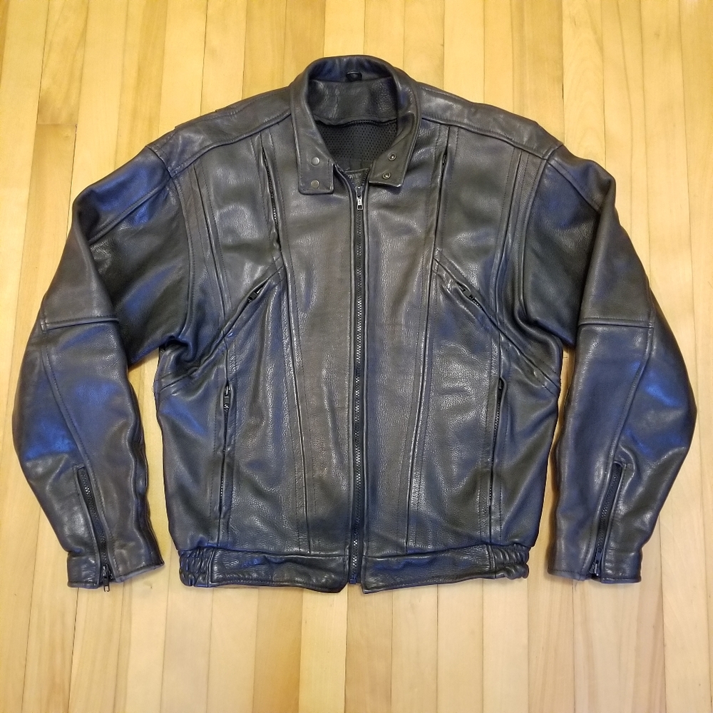 Men's Black Leather Biker Jacket Coat Heavy Vented